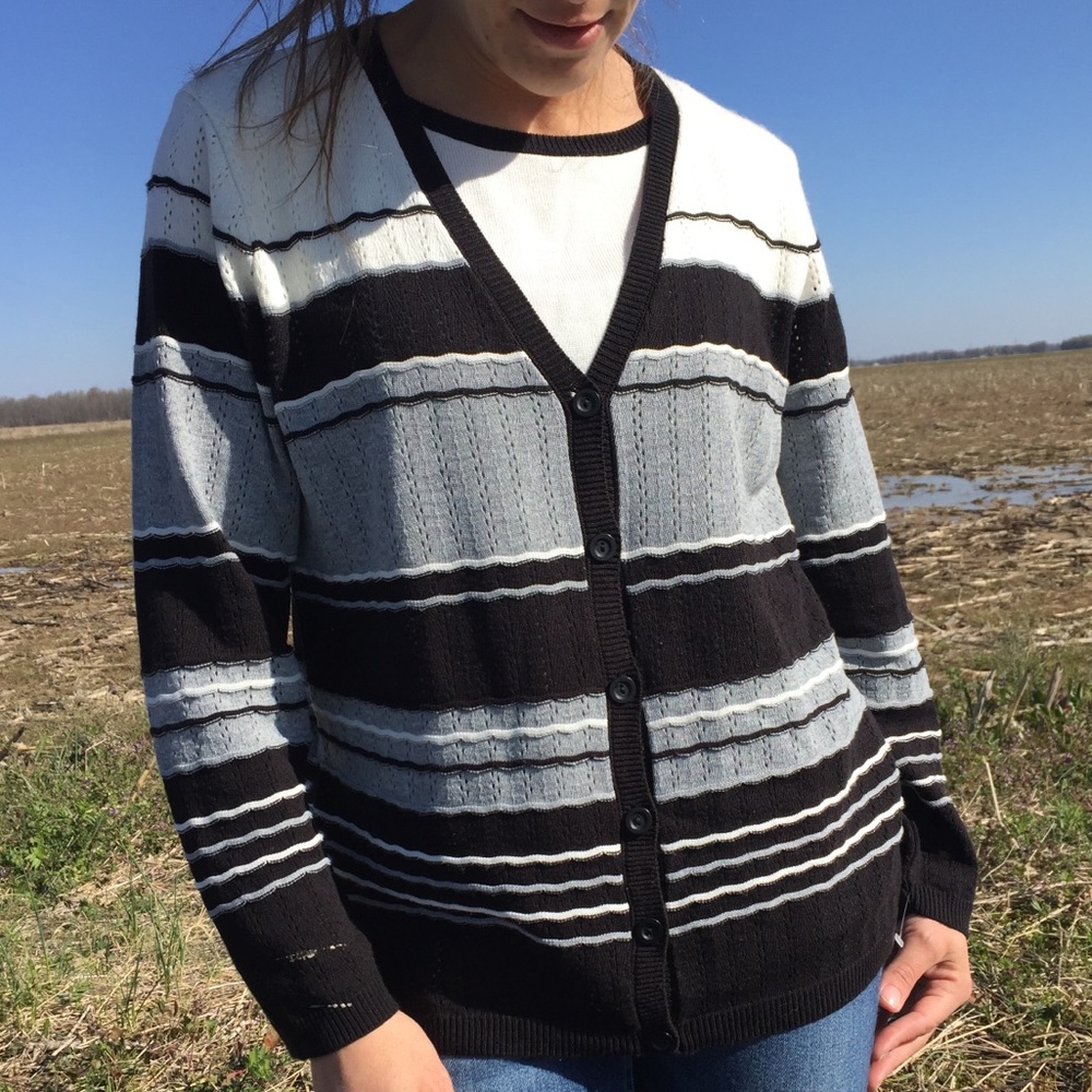 Alfred Dunner Black & White Cardigan W/Sewn in Top